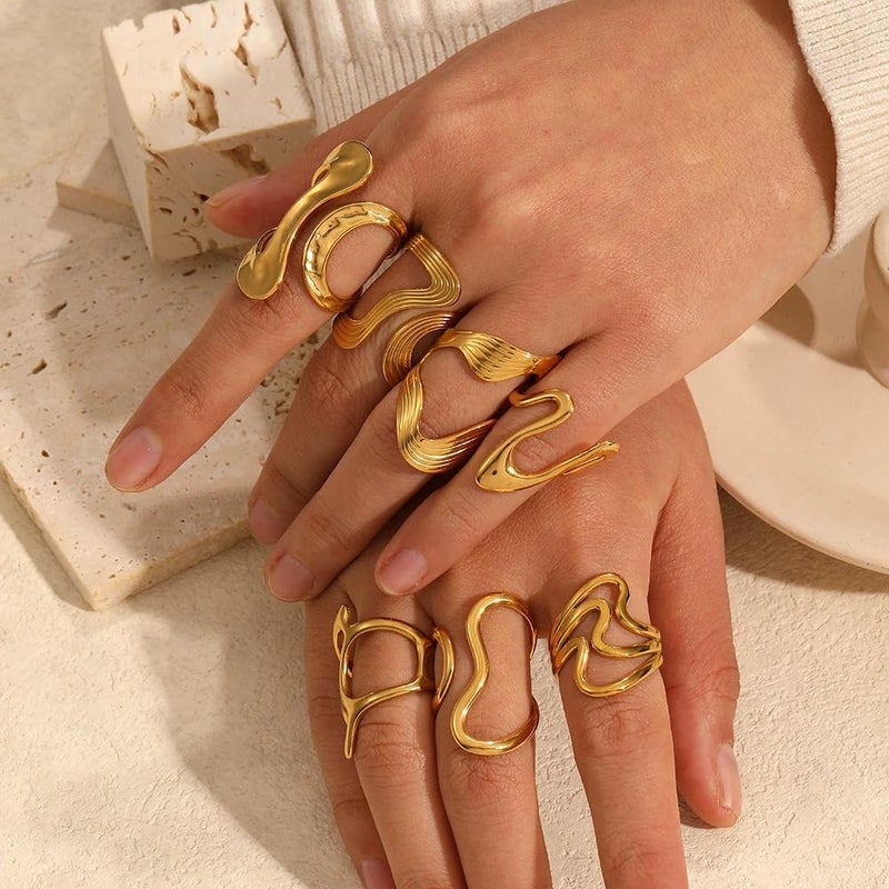 AiTURE Chunky Rings For Women, Gold Silver Thumb Ring Asymmetrical Wavy Curve Ring Adjustable Non Tarnish Dainty Stainless Steel New Year Anniversary Birthday Jewelry Gift - Image 1